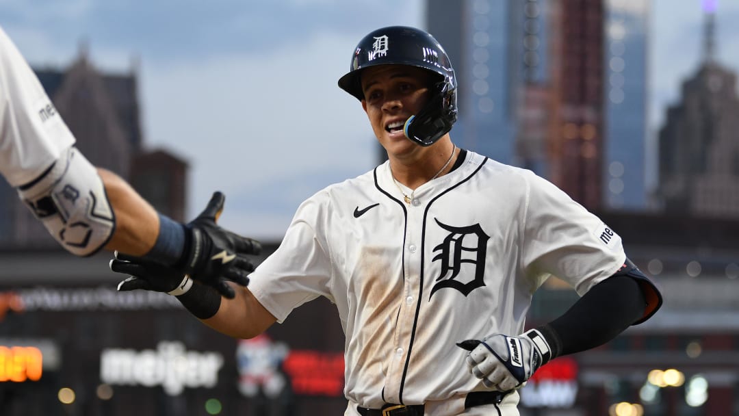 Aug 13, 2024; Detroit, Michigan, USA;  Detroit Tigers third baseman Gio Urshela (13) celebrates after hitting a home run against the Seattle Mariners in the sixth inning at Comerica Park. 