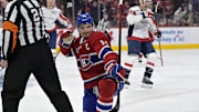 Apr 25, 2025; Montreal, Quebec, CAN; Montreal Canadiens forward Nick Suzuki (14) celebrates after scoring a goal against the Washington Capitals during the second period in game three of the first round of the 2025 Stanley Cup Playoffs at the Bell Centre. Mandatory Credit: Eric Bolte-Imagn Images