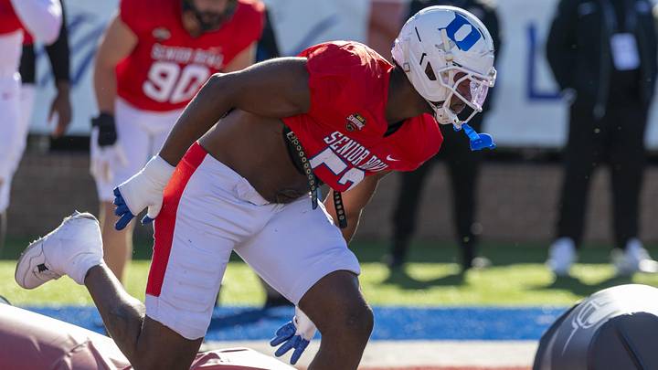 Jan 28, 2026; Mobile, AL, USA; National Team defensive end Vincent Anthony Jr. (52) of Duke practices during National Senior Bowl practice at Hancock Whitney Stadium. Mandatory Credit: Vasha Hunt-Imagn Images