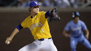 Jun 2, 2024; Chapel Hill, NC, USA; Louisiana State Tigers pitcher Gavin Guidry (1) pitches against the North Carolina Tar Heels in the ninth inning of the Div. I NCAA baseball regional at Boshamer Stadium.  Mandatory Credit: Jeffrey Camarati-Imagn Images
