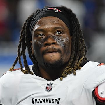 Sep 15, 2024; Detroit, Michigan, USA; Tampa Bay Buccaneers linebacker J.J. Russell (51) looks on after their game against the Detroit Lions at Ford Field. Mandatory Credit: Eamon Horwedel-Imagn Images