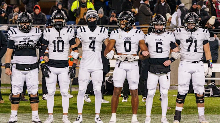 Sandusky Perkins' football captains prepare to meet with Indian Valley captains in an OHSAA Division IV State Championship Football game at Tom Benson Hall of Fame Stadium, Saturday, Dec. 7, in Canton. Sandusky Perkins' football captains prepare to meet with Indian Valley captains in an OHSAA Division IV State Championship Football game at Tom Benson Hall of Fame Stadium, Saturday, Dec. 7, in Canton.