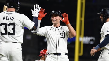 Aug 27, 2024; Detroit, Michigan, USA; Detroit Tigers designated hitter Kerry Carpenter celebrates with second baseman Colt Keith.