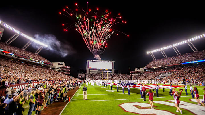 Nov 16, 2013; Columbia, SC, USA; Fireworks during pre game ceremonies before the game against the Florida Gators at Williams-Brice Stadium. Mandatory Credit: Jeff Blake-Imagn Images