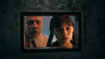 Wednesday. (L to R) Fred Armisen as Uncle Fester, Jenna Ortega as Wednesday Addams in episode 204 of Wednesday