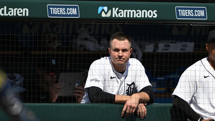 Apr 23, 2026; Detroit, Michigan, USA;  Detroit Tigers starting pitcher Tarik Skubal (29) watches from the dugout steps after being pulled from the game against the Milwaukee Brewers in the seventh inning at Comerica Park. Mandatory Credit: Lon Horwedel-Imagn Images