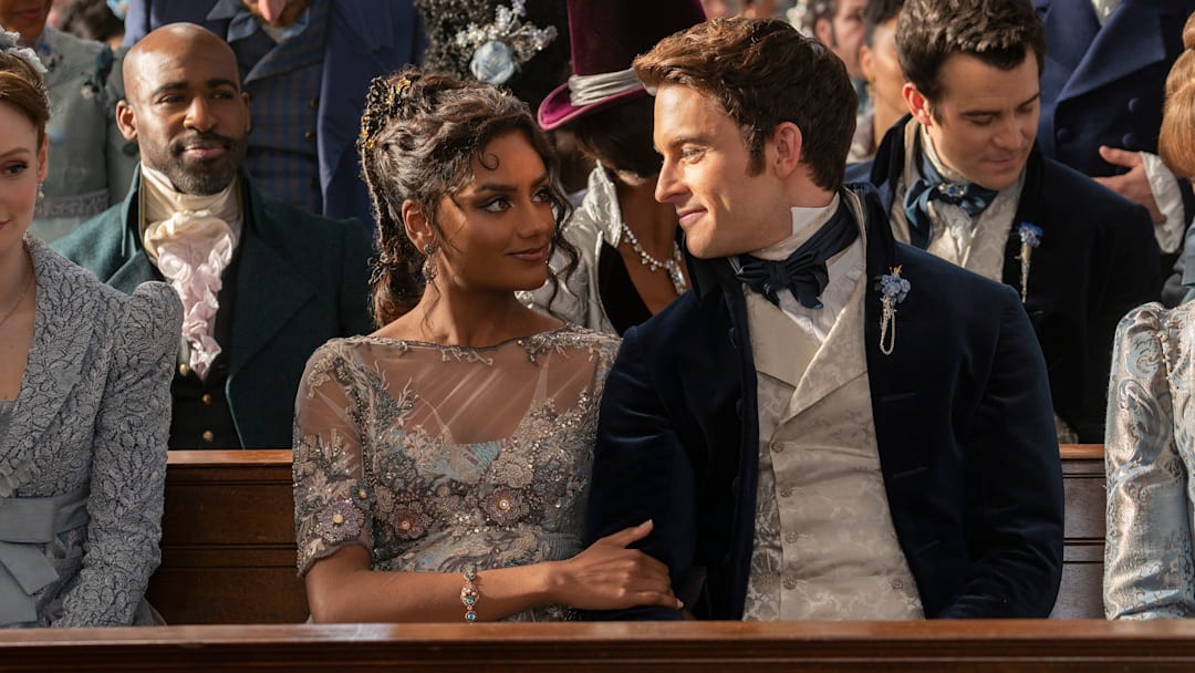 (L to R) Daniel Francis as Lord Anderson, Simone Ashley as Kate Sharma, Jonathan Bailey as Anthony Bridgerton, and Luke Thompson as Benedict Bridgerton in episode 307 of Bridgerton