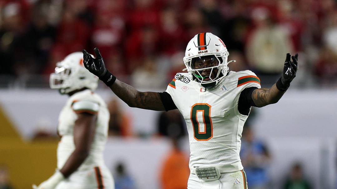 Jan 19, 2026; Miami Gardens, FL, USA; Miami Hurricanes defensive back Keionte Scott (0) reacts in the first half during the College Football Playoff National Championship game at Hard Rock Stadium. Mandatory Credit: Nathan Ray Seebeck-Imagn Images