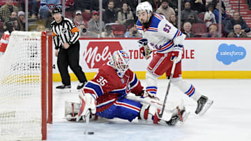 Jan 6, 2024; Montreal, Quebec, CAN; Montreal Canadiens goalie Sam Montembeault (35) stops New York
