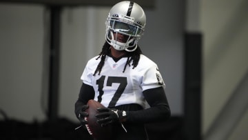 Jul 31, 2023; Henderson, NV, USA; Las Vegas Raiders wide receiver Davante Adams (17) during training camp at the Intermountain Health Performance Center.