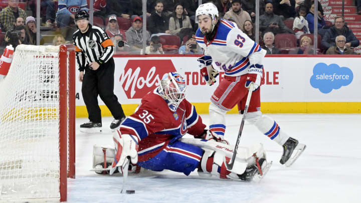 Jan 6, 2024; Montreal, Quebec, CAN; Montreal Canadiens goalie Sam Montembeault (35) stops New York