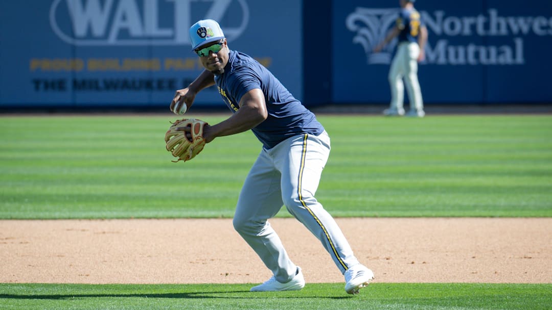 Milwaukee Brewers infielder Eddys Leonard throws home during spring training workouts Tuesday, February 17, 2026, at American Family Fields of Phoenix in Phoenix, Arizona.