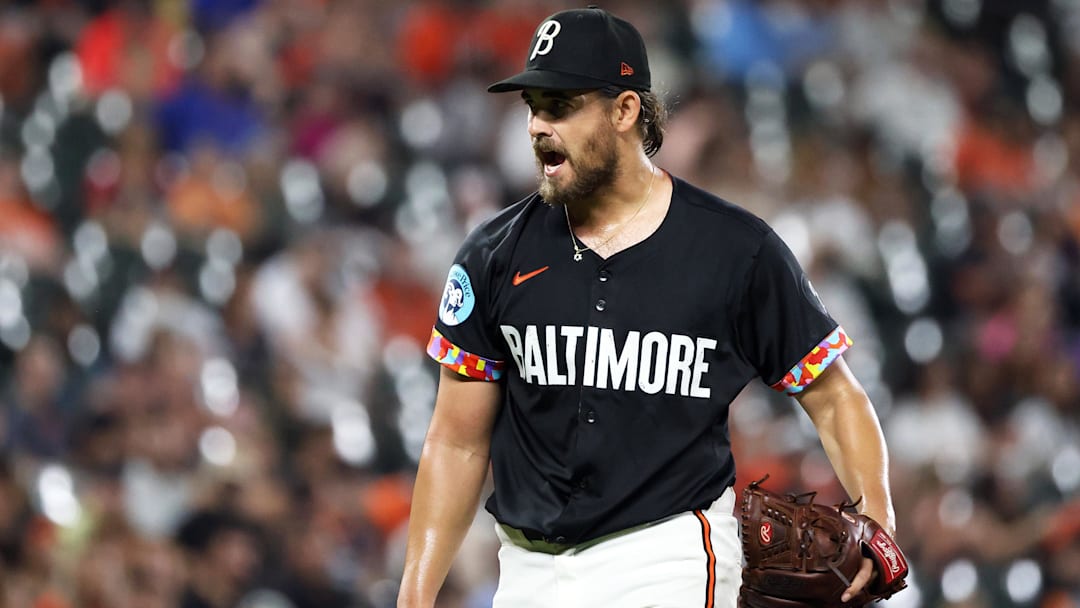 Jul 11, 2025; Baltimore, Maryland, USA; Baltimore Orioles pitcher Dean Kremer (64) celebrates during the seventh inning against the Miami Marlins at Oriole Park at Camden Yards. Jul 11, 2025; Baltimore, Maryland, USA; Baltimore Orioles pitcher Dean Kremer (64) celebrates during the seventh inning against the Miami Marlins at Oriole Park at Camden Yards.