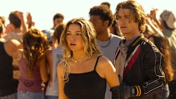 Outer Banks. (L to R) Madelyn Cline as Sarah Cameron, Jonathan Daviss as Pope, Chase Stokes as John B in episode 401 of Outer Banks. Cr. Jackson Lee Davis/Netflix © 2024