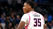Feb 8, 2025; Washington, District of Columbia, USA; Georgetown Hoyas forward Thomas Sorber (35) celebrates during the second half against the Seton Hall Pirates at Capital One Arena. Mandatory Credit: Daniel Kucin Jr.-Imagn Images