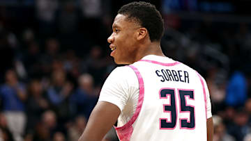 Feb 8, 2025; Washington, District of Columbia, USA; Georgetown Hoyas forward Thomas Sorber (35) celebrates during the second half against the Seton Hall Pirates at Capital One Arena. Mandatory Credit: Daniel Kucin Jr.-Imagn Images