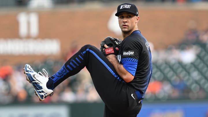 Jun 21, 2024; Detroit, Michigan, USA; Detroit Tigers starting pitcher Jack Flaherty (9) throws a pitch against the Chicago White Sox in the first inning at Comerica Park.