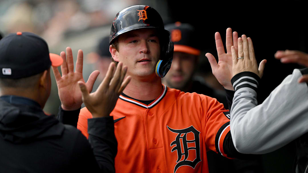 Apr 10, 2026; Detroit, Michigan, USA;  Detroit Tigers catcher Dillon Dingler (13) celebrates in the dugout after scoring a run against the Miami Marlins in the first inning at Comerica Park. Mandatory Credit: Lon Horwedel-Imagn Images