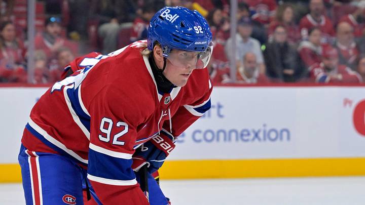Oct 14, 2025; Montreal, Quebec, CAN; Montreal Canadiens forward Patrik Laine (92) prepares for a face off against the Seattle Kraken during the first period at the Bell Centre. Mandatory Credit: Eric Bolte-Imagn Images