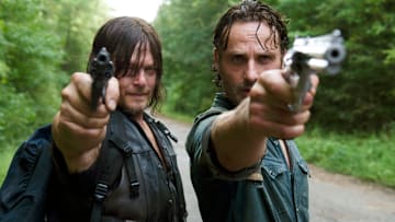 Andrew Lincoln as Rick Grimes and Norman Reedus as Daryl Dixon in The Walking Dead season 6