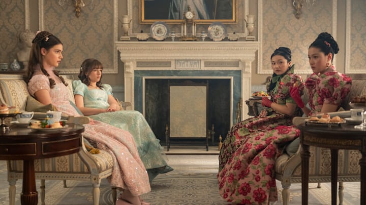 (L to R) Florence Hunt as Hyacinth Bridgerton, Claudia Jessie as Eloise Bridgerton, Michelle Mao as Rosamund Li, Isabella Wei as Posy Li in episode 406 of Bridgerton