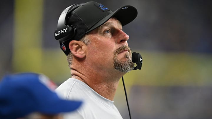 Aug 16, 2025; Detroit, Michigan, USA;  Detroit Lions head coach Dan Campbell on the sidelines during the Lions game against the Miami Dolphins in the first quarter at Ford Field.