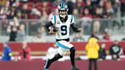 Nov 24, 2025; Santa Clara, California, USA; Carolina Panthers quarterback Bryce Young (9) rushes the ball against the San Francisco 49ers during the first half at Levi's Stadium. Mandatory Credit: Kyle Terada-Imagn Images