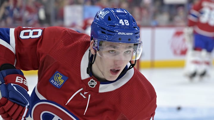 Apr 16, 2024; Montreal, Quebec, CAN; Montreal Canadiens defenseman Lane Hutson (48) during the warmup period before the game against the Detroit Red Wings at the Bell Centre. Mandatory Credit: Eric Bolte-Imagn Images