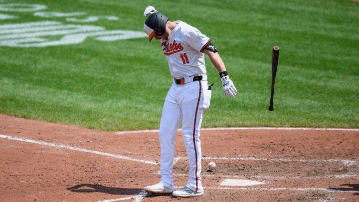 Jul 31, 2024; Baltimore, Maryland, USA; Baltimore Orioles third baseman Jordan Westburg (11) is hit by a pitch during the fifth inning against the Toronto Blue Jays at Oriole Park at Camden Yards. Mandatory Credit: Reggie Hildred-USA TODAY Sports