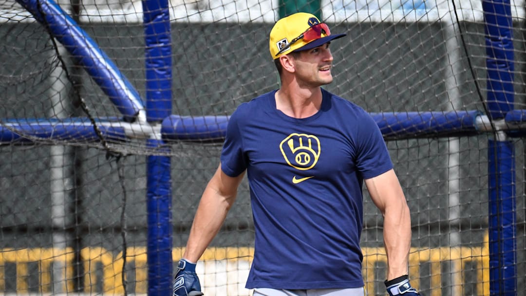 Milwaukee Brewers outfielder Jared Oliva walks to the batting cage during spring training workouts Monday, February 17, 2025, at American Family Fields of Phoenix in Phoenix, Arizona.