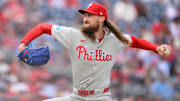 Mar 29, 2025; Washington, District of Columbia, USA; Philadelphia Phillies pitcher Matt Strahm (25) throws a pitch during the eighth inning against the Washington Nationals at Nationals Park.
