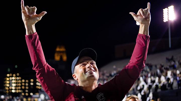 South Carolina head coach Shane Beamer waves to fans after their victory against Vanderbilt after at FirstBank Stadium in Nashville, Tenn., Saturday, Nov. 5, 2022.

Vandyscfb 110522 An 037
