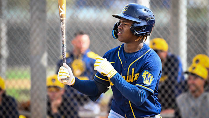 Milwaukee Brewers shortstop prospect Jesus Made prepares to hit during spring training workouts Monday, February 17, 2025, at American Family Fields of Phoenix in Phoenix, Arizona.