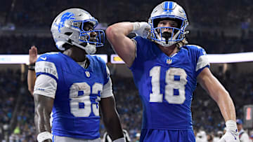 Detroit Lions wide receiver Isaac TeSlaa (18) celebrates with Detroit Lions wide receiver Jackson Meeks (83) after scoring a touchdown against the Miami Dolphins in the second quarter at Ford Field.