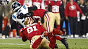 Nov 24, 2025; Santa Clara, California, USA; San Francisco 49ers defensive tackle Sam Okuayinonu (91) sacks Carolina Panthers quarterback Bryce Young (9) during the first half at Levi's Stadium. Mandatory Credit: Kelley L Cox-Imagn Images