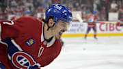Apr 25, 2025; Montreal, Quebec, CAN; Montreal Canadiens defenseman Arber Xhekaj (72) skates during the warmup period in game three of the first round of the 2025 Stanley Cup Playoffs against the Washington Capitals at the Bell Centre. Mandatory Credit: Eric Bolte-Imagn Images