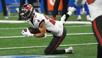 Sep 15, 2024; Detroit, Michigan, USA; Tampa Bay Buccaneers cornerback Zyon McCollum (27) intercepts a pass from Detroit Lions quarterback Jared Goff (not pictured) in the first quarter at Ford Field. Mandatory Credit: Eamon Horwedel-Imagn Images
