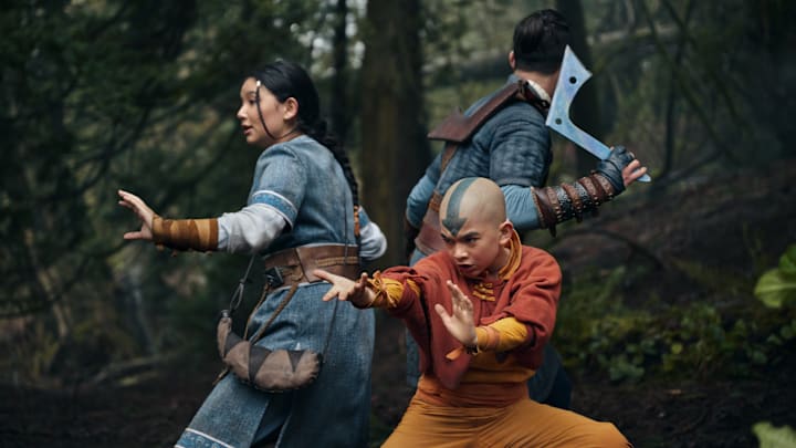 Avatar: The Last Airbender. (L to R) Kiawentiio as Katara, Gordon Cormier as Aang, Ian Ousley as Sokka in season 1 of Avatar: The Last Airbender. Cr. Robert Falconer/Netflix © 2023