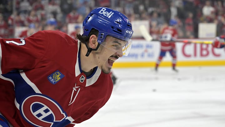 Apr 25, 2025; Montreal, Quebec, CAN; Montreal Canadiens defenseman Arber Xhekaj (72) skates during the warmup period in game three of the first round of the 2025 Stanley Cup Playoffs against the Washington Capitals at the Bell Centre. Mandatory Credit: Eric Bolte-Imagn Images