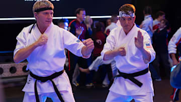 William Zabka as Johnny Lawrence, Ralph Macchio as Daniel LaRusso in Cobra Kai. Cr. Curtis Bonds Baker/Netflix © 2024