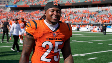 Cincinnati Bengals running back Tahj Brooks (25) celebrates the Bengals win over the Jacksonville Jaguars at Paycor Stadium on Sunday, September 14, 2025.