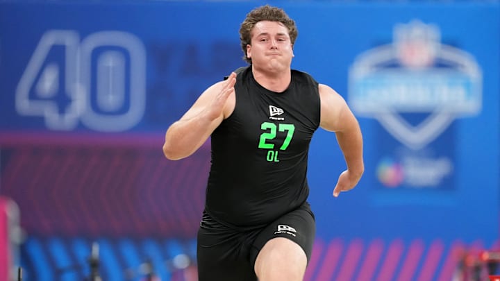 Mar 1, 2026; Indianapolis, IN, USA;  Kansas State offensive lineman Sam Hecht (OL27) during the NFL Scouting Combine at Lucas Oil Stadium. \