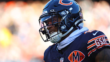 Nov 23, 2025; Chicago, Illinois, USA; Chicago Bears wide receiver DJ Moore (2) reacts during the second half at Soldier Field.