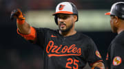 Baltimore Orioles outfielder Anthony Santander reacts after hitting a single on Monday against the Toronto Blue Jays at Camden Yards.