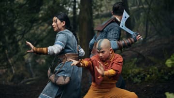 Avatar: The Last Airbender. (L to R) Kiawentiio as Katara, Gordon Cormier as Aang, Ian Ousley as Sokka in season 1 of Avatar: The Last Airbender. Cr. Robert Falconer/Netflix © 2023