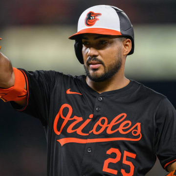 Baltimore Orioles outfielder Anthony Santander reacts after hitting a single on Monday against the Toronto Blue Jays at Camden Yards.