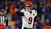 Nov 27, 2025; Baltimore, Maryland, USA; Cincinnati Bengals quarterback Joe Burrow (9) reacts against the Baltimore Ravens during the second half at M&T Bank Stadium. Mandatory Credit: Mitch Stringer-Imagn Images