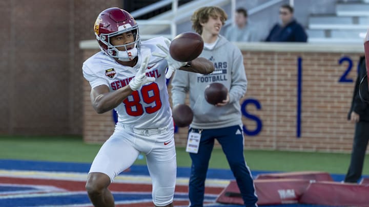 Jan 28, 2026; Mobile, AL, USA; American Team wide receiver Ja'kobi Lane (89) of USC works in passing drills during American Senior Bowl practice at Hancock Whitney Stadium. Mandatory Credit: Vasha Hunt-Imagn Images