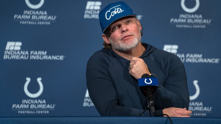 Indianapolis Colts General Manager Chris Ballard speaks to the media Thursday, Jan. 11, 2024 at the Indiana Farm Bureau Football Center, the Colts Complex.