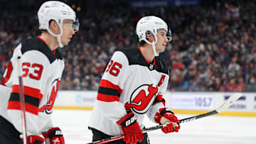 New Jersey Devils Jack Hughes (86) celebrates with Jesper Bratt (63): Joseph Maiorana-Imagn Images